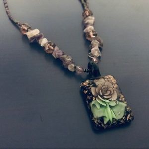 Purple/Green Beaded Rose Pendant Necklace